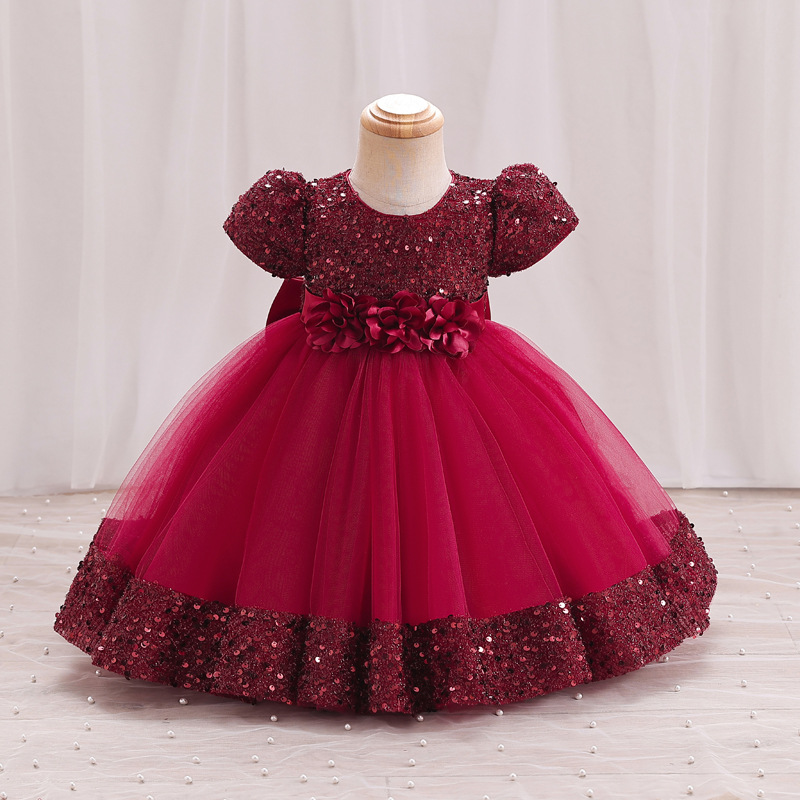 Summer new girls' dress with bubble sleeves and round neck flower bow sequined mesh fluffy princess dress long dress suitable for birthday school party, family party, dinner dress, costume.