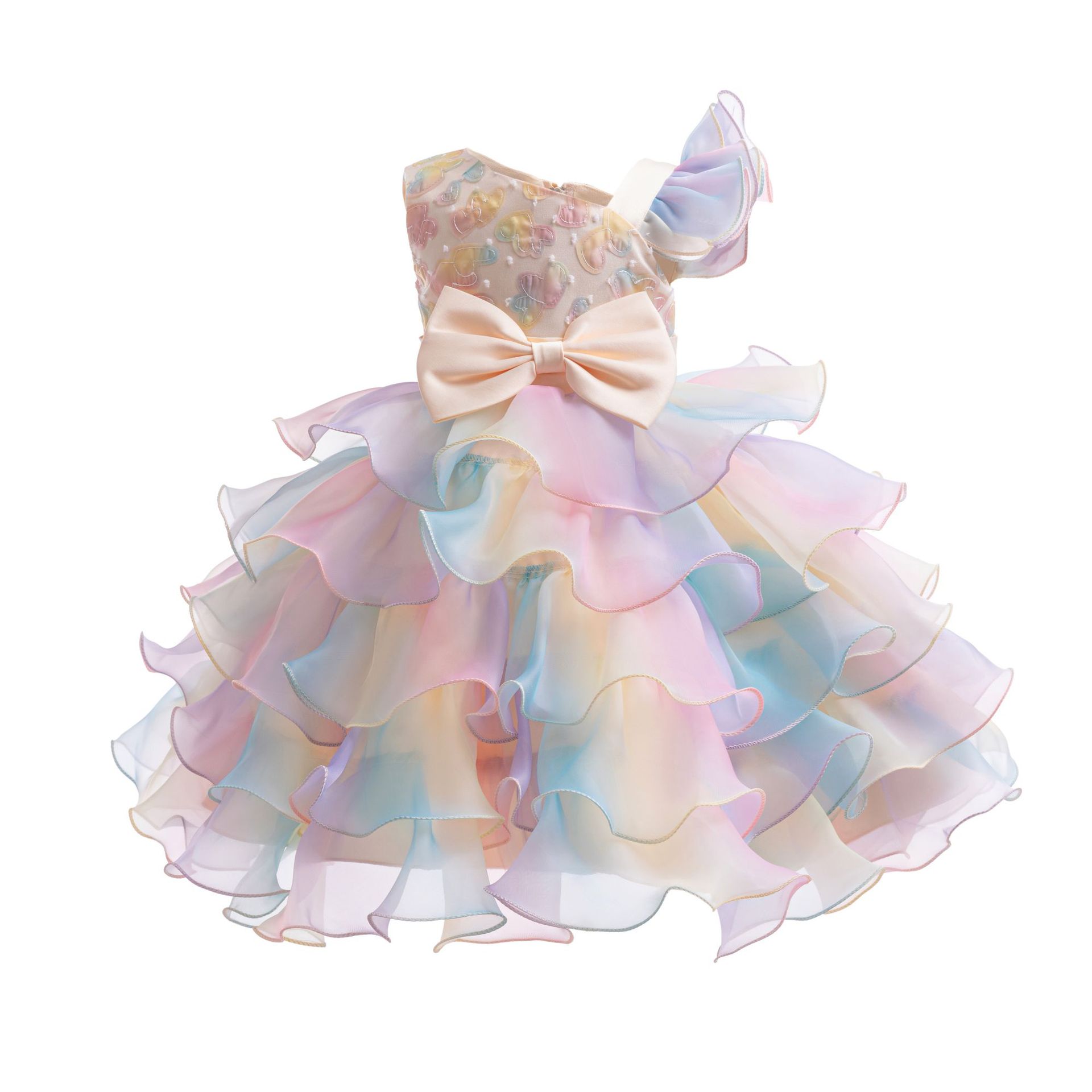 Summer new girl dress printed sleeveless round neck bow mesh fluffy princess dress is suitable for birthday school party, family party dinner dress performance clothes.
