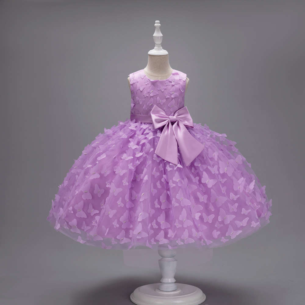 New girls' dresses in summer are solid color sleeveless round neck bow gauze fluffy princess dress suitable for birthday school party, family party, dinner dress and performance costume.