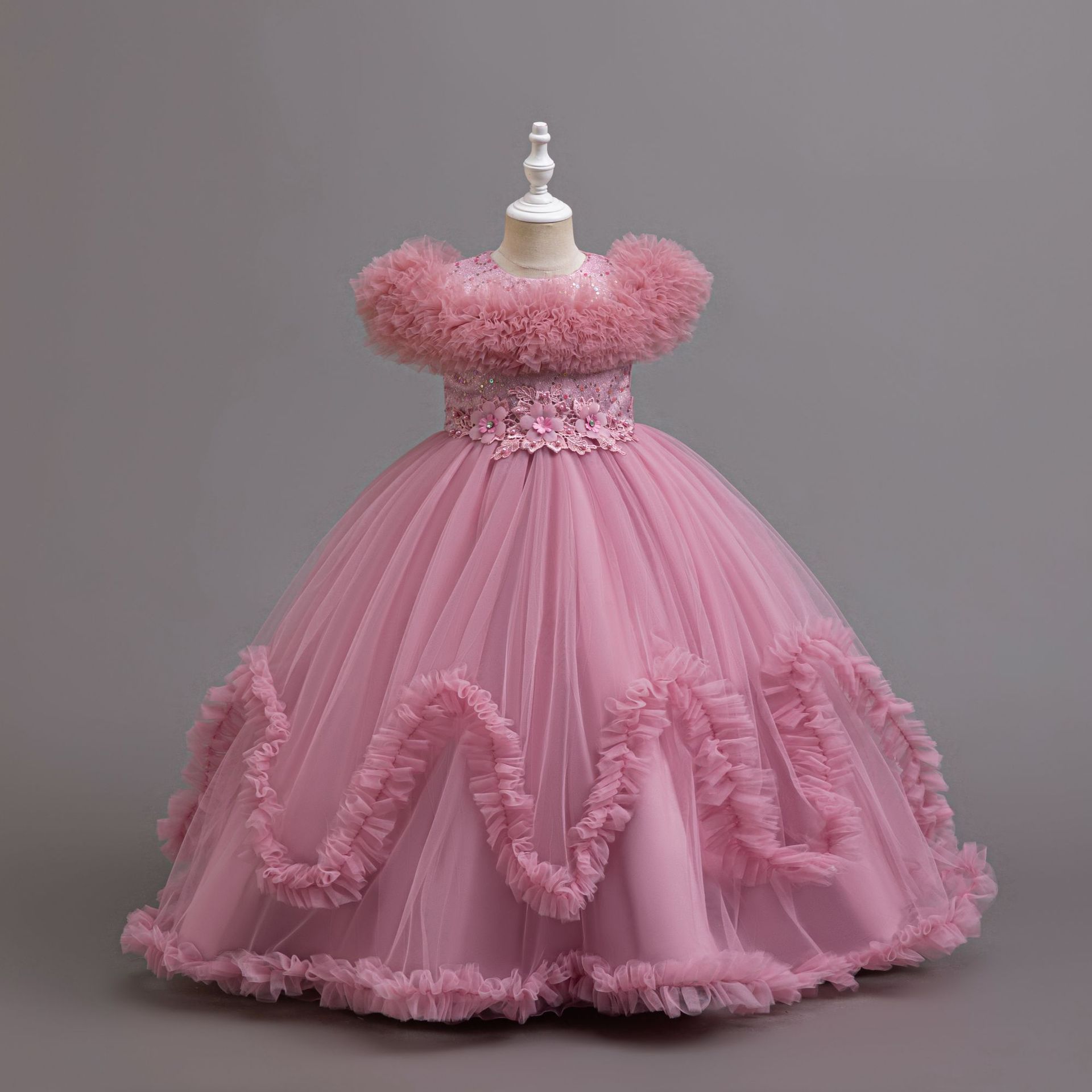 Summer new high-end girl dress round neck gauze fluffy skirt cute princess skirt long dress suitable for birthday school party family party dinner dress costume.