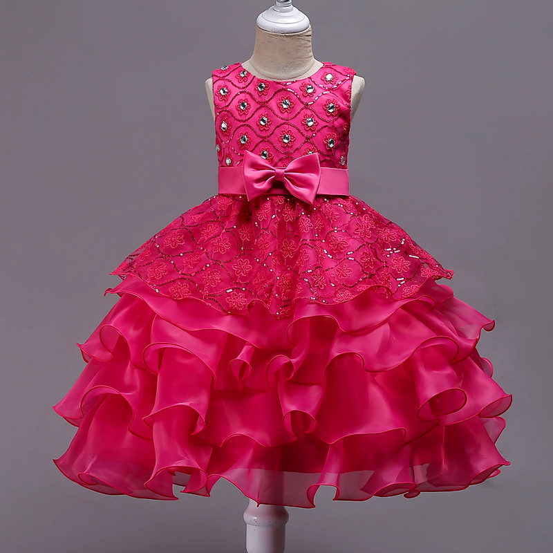 Summer new girls' dresses sleeveless round neck studded bow mesh fluffy princess skirt long dress cake skirt suitable for birthday school party family party dinner dress costume.