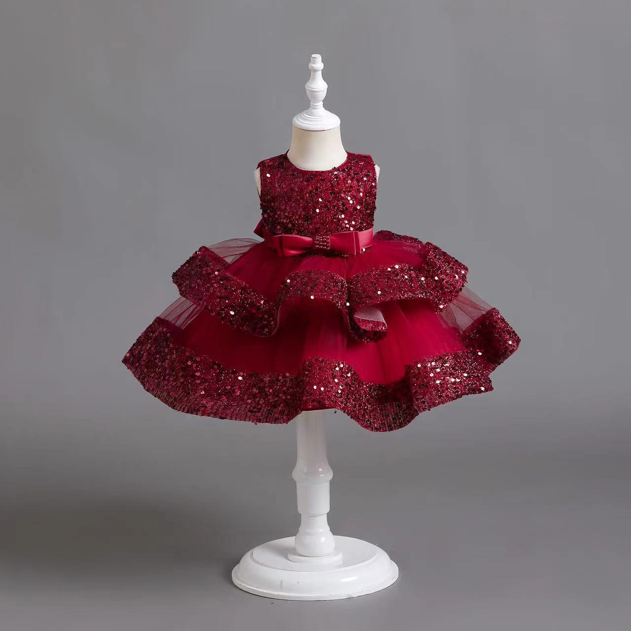 Summer new girl dress sleeveless round neck sequined beaded bow gauze fluffy skirt princess dress birthday school party dinner dress costume