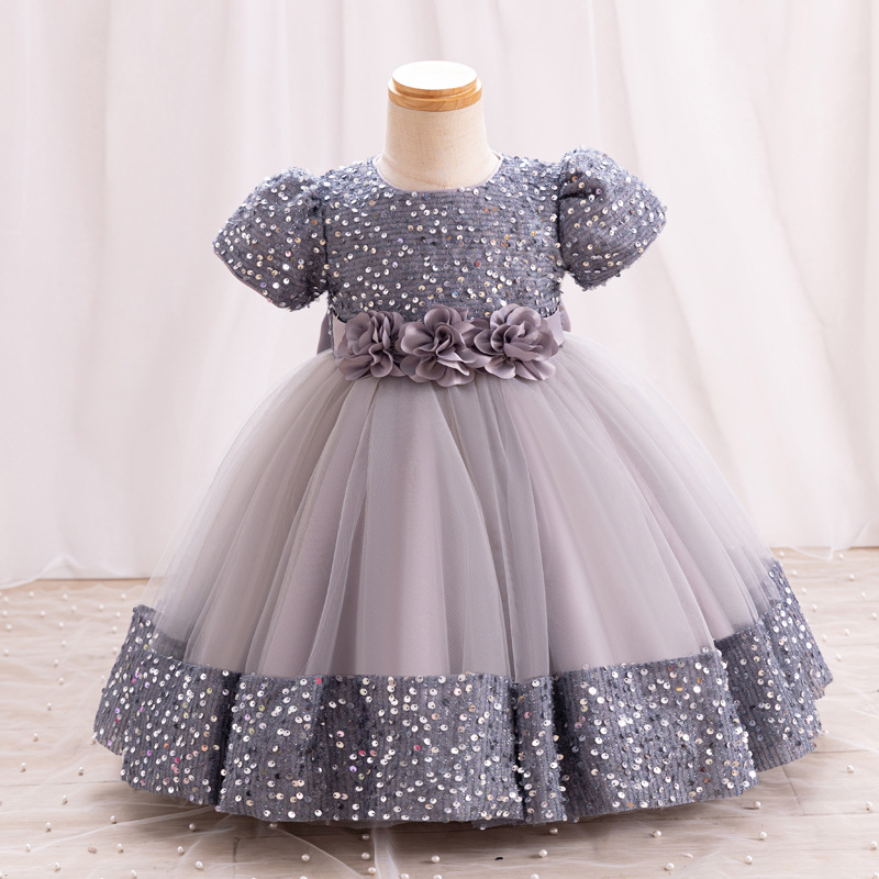 Summer new girls' dress with bubble sleeves and round neck flower bow sequined mesh fluffy princess dress long dress suitable for birthday school party, family party, dinner dress, costume.