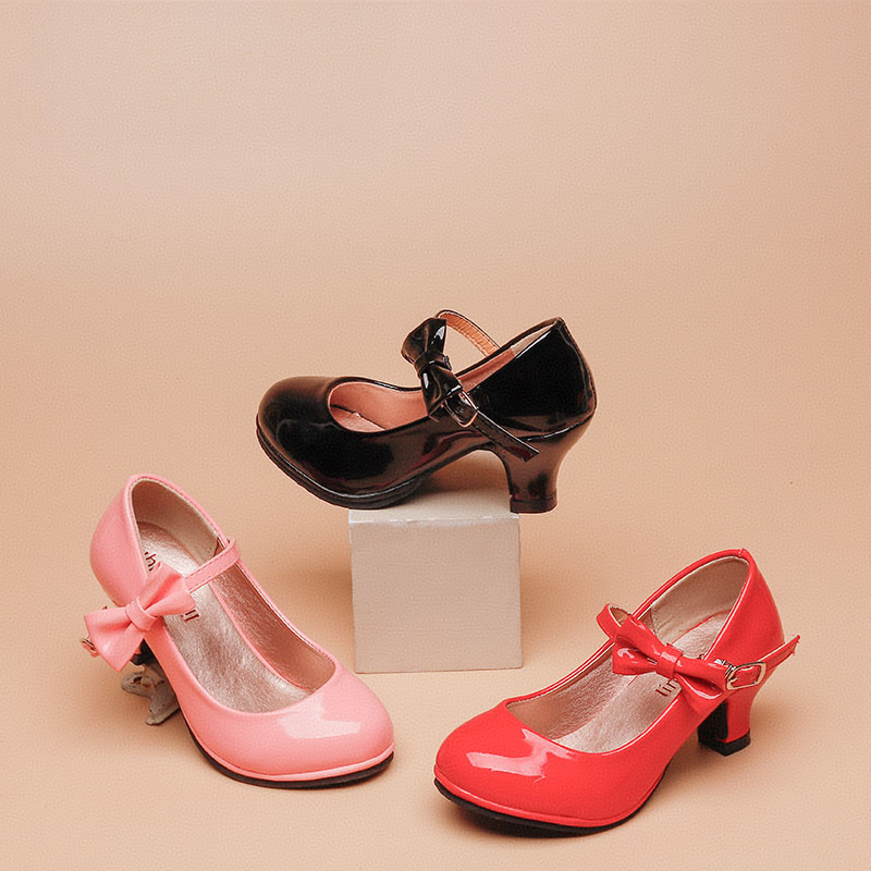 New girls' leather shoes with dresses, princess shoes, bows, round-headed high-heeled shoes are suitable for daily casual birthdays, school parties, family gatherings and dinner performances.