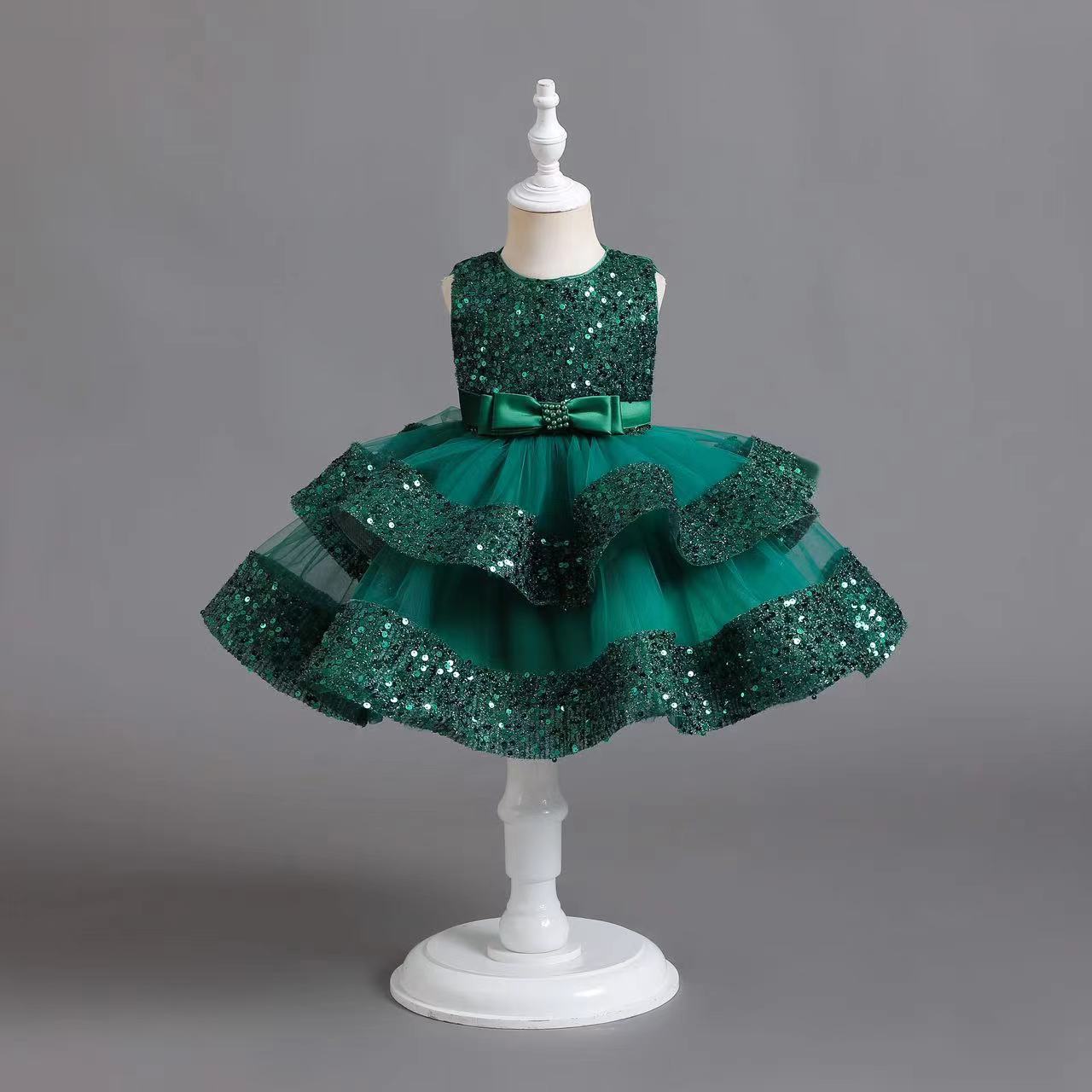 Summer new girl dress sleeveless round neck sequined beaded bow gauze fluffy skirt princess dress birthday school party dinner dress costume