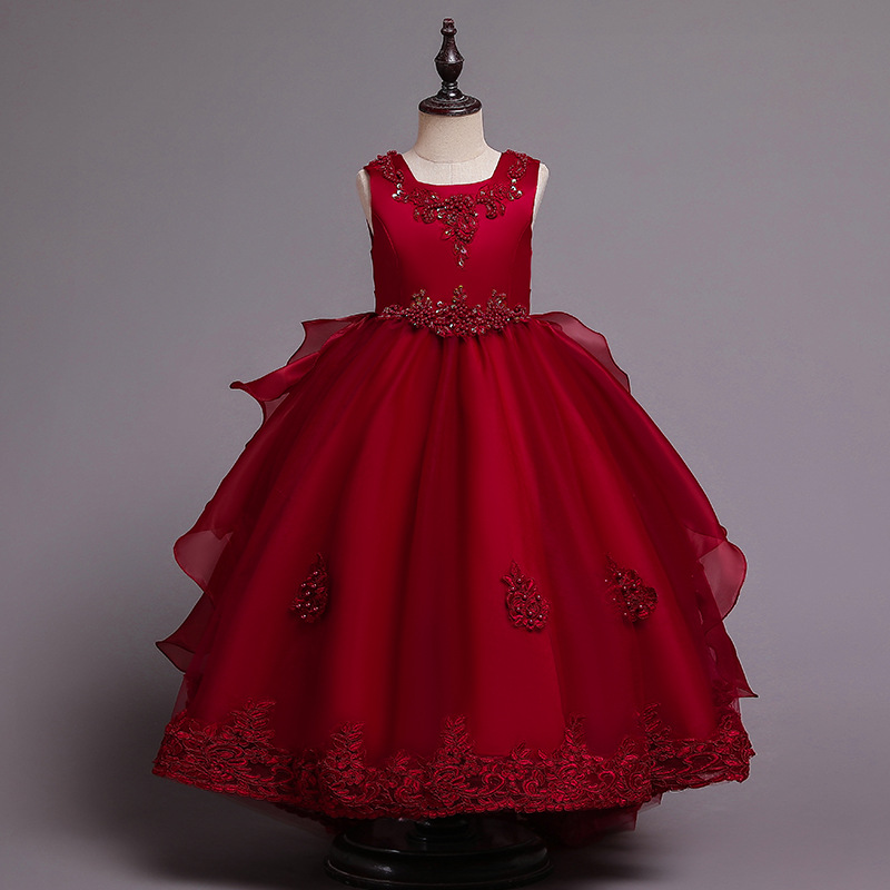 New girls' dress sleeveless round neck beaded bow gauze fluffy skirt long dress trailing dress suitable for birthday school party family party dinner dress costume.