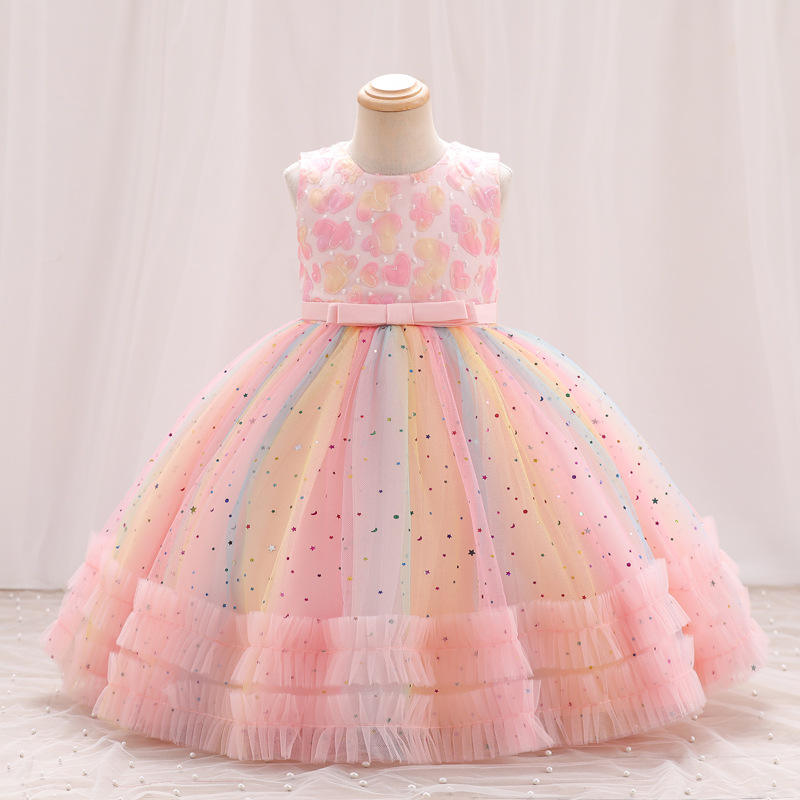 New girls' dresses in summer are printed with sleeveless round neck bow gauze fluffy princess dress suitable for birthday school party, family party, dinner party dress and costume.