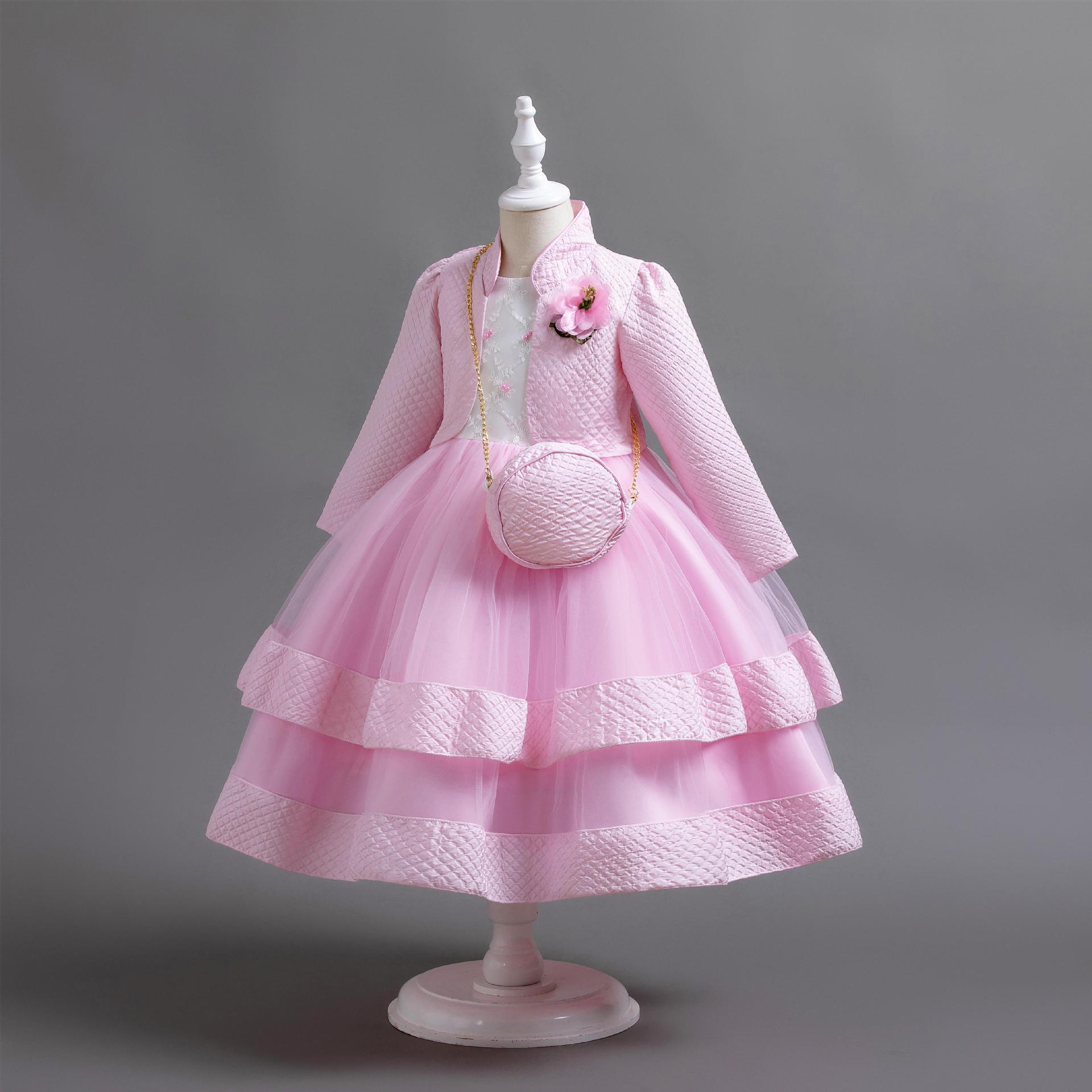 New girls' dress suit long-sleeved collar coat round neck sleeveless beaded gauze dress small backpack suit is suitable for birthday school party, family party, dinner party dress, performance costume