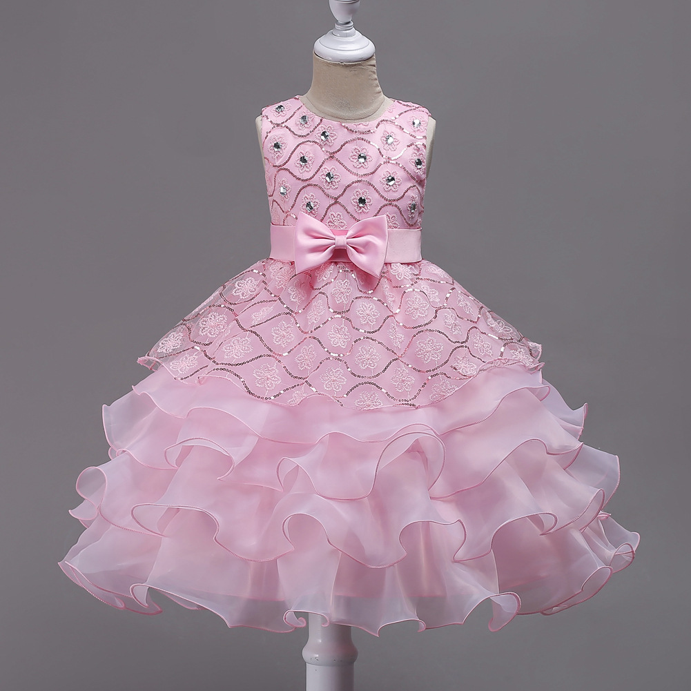 Summer new girls' dresses sleeveless round neck studded bow mesh fluffy princess skirt long dress cake skirt suitable for birthday school party family party dinner dress costume.