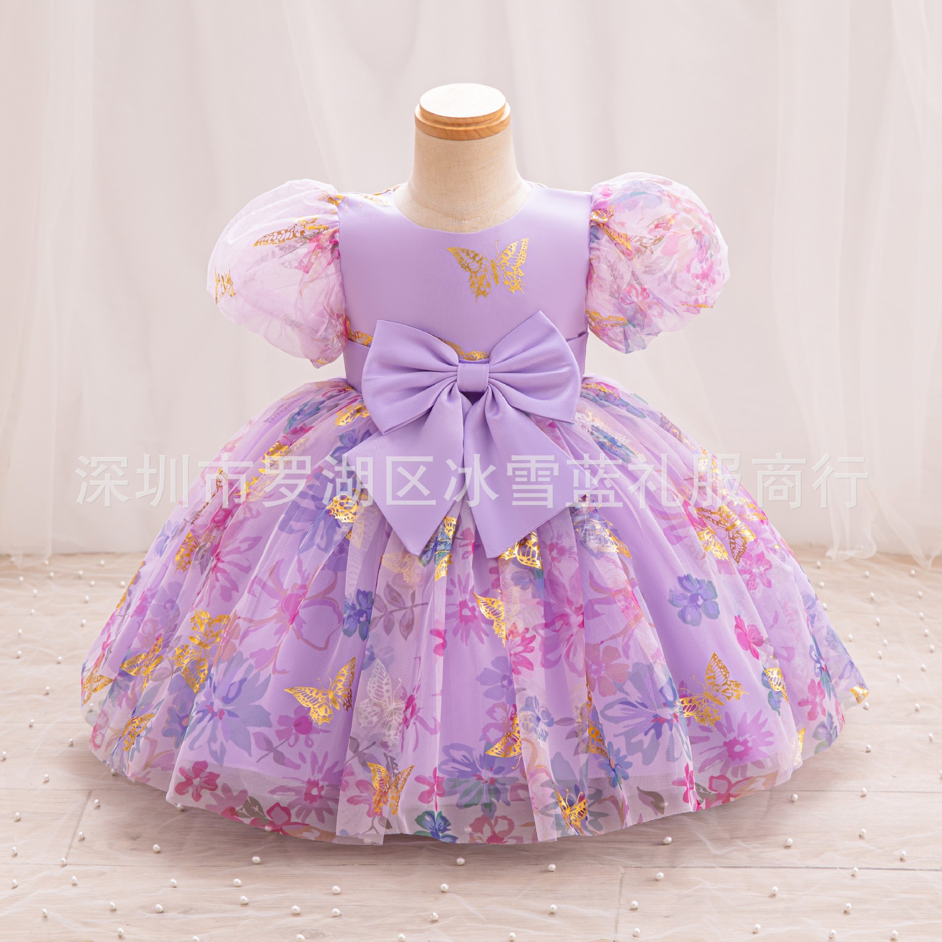 New girls' dresses in summer, puff sleeves, round neck bow, printed gauze fluffy skirt, princess dress, suitable for birthday school party, dinner dress, costume.