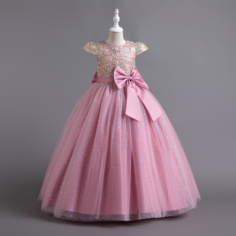 New girl's dress short sleeve round neck sequined butterfly gauze fluffy skirt long princess dress dress dress suitable for birthday school party dinner dress costume.