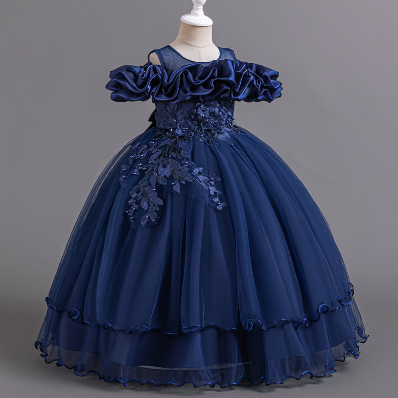 New high-end girls' dresses in summer, solid color round neck, one-shoulder mesh fluffy skirt and long princess skirt, are suitable for birthday school, family gathering and banquet dresses.
