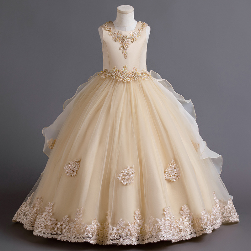 New girls' dress sleeveless round neck beaded bow gauze fluffy skirt long dress trailing dress suitable for birthday school party family party dinner dress costume.