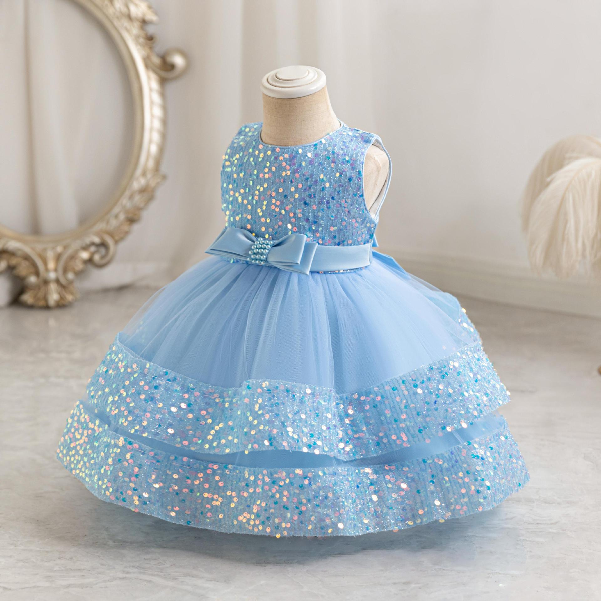 Summer new girl dress sleeveless round neck sequined beaded bow gauze fluffy skirt princess dress birthday school party dinner dress costume