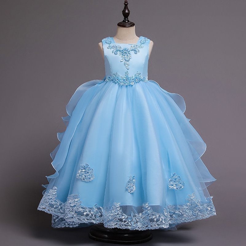 New girls' dress sleeveless round neck beaded bow gauze fluffy skirt long dress trailing dress suitable for birthday school party family party dinner dress costume.