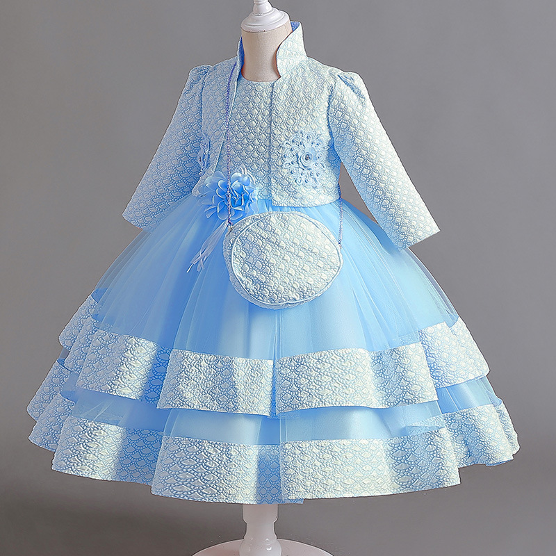 Summer new girls' dress suit long sleeve collar coat sleeveless round neck flower princess skirt small satchel dress three-piece birthday school party family party dinner dress costume.