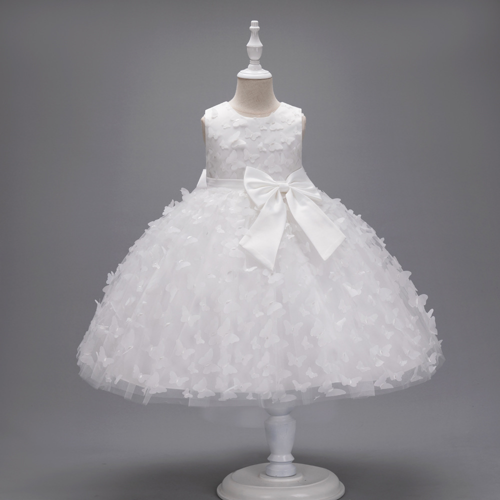 New girls' dresses in summer are solid color sleeveless round neck bow gauze fluffy princess dress suitable for birthday school party, family party, dinner dress and performance costume.