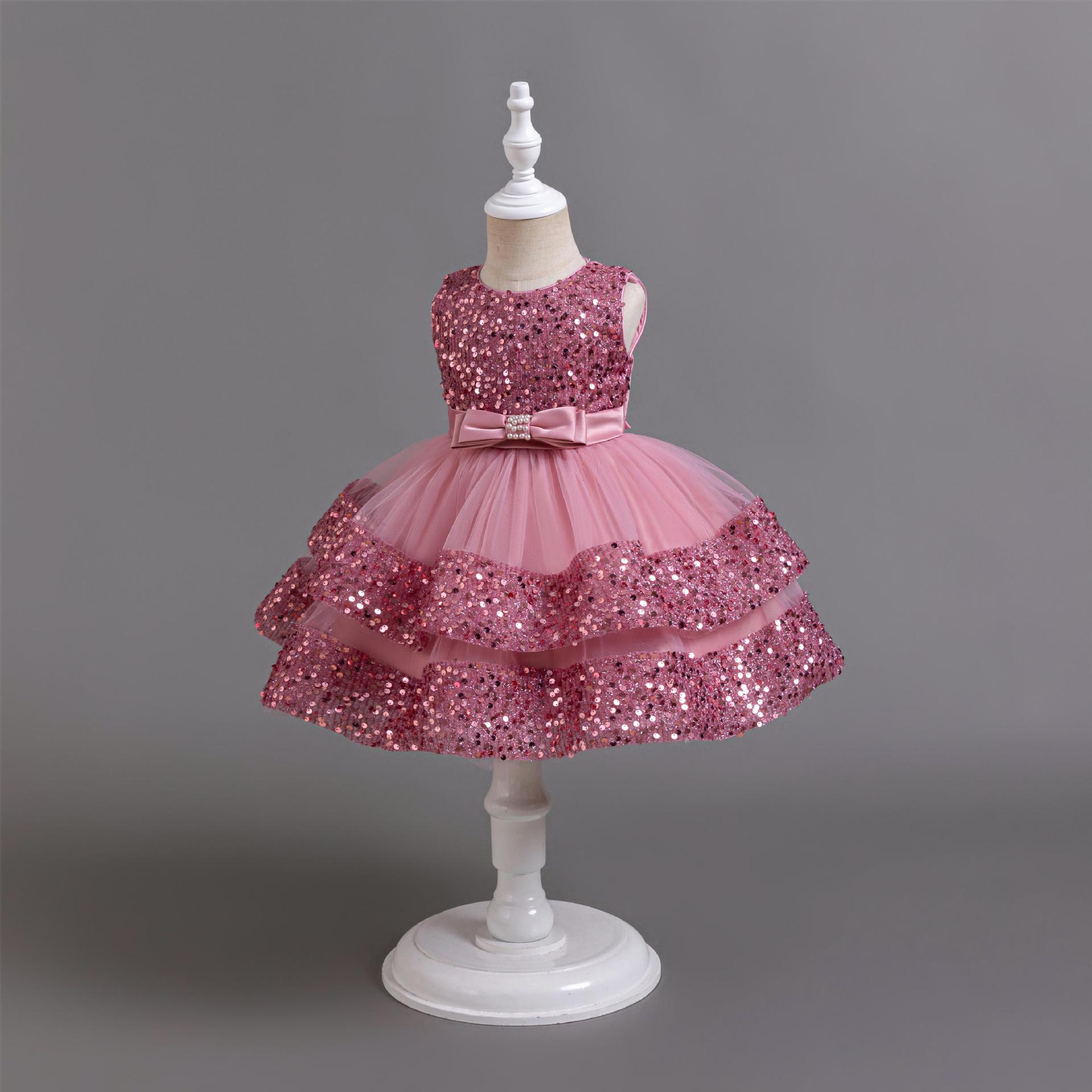 Summer new girl dress sleeveless round neck sequined beaded bow gauze fluffy skirt princess dress birthday school party dinner dress costume