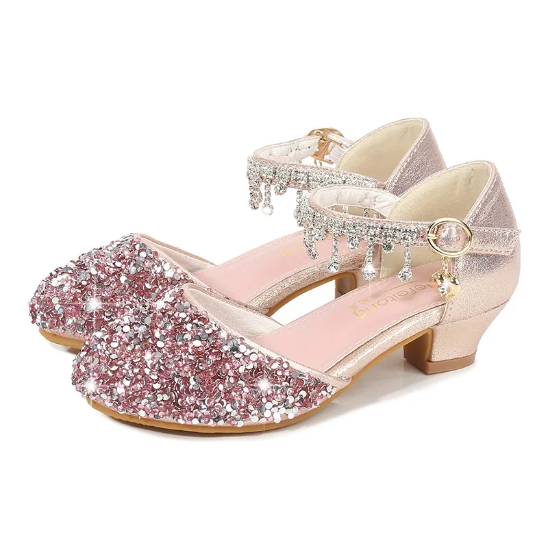 New girls' leather shoes with dress princess shoes sequined rhinestone high-heeled sandals are suitable for daily casual birthday parties, school Christmas parties and banquets.