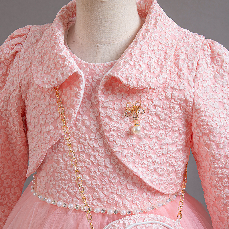 Summer new girls' dress suit long sleeve lapel coat sleeveless round neck beaded gauze princess skirt small satchel dress three-piece birthday school party family party dinner dress costume.