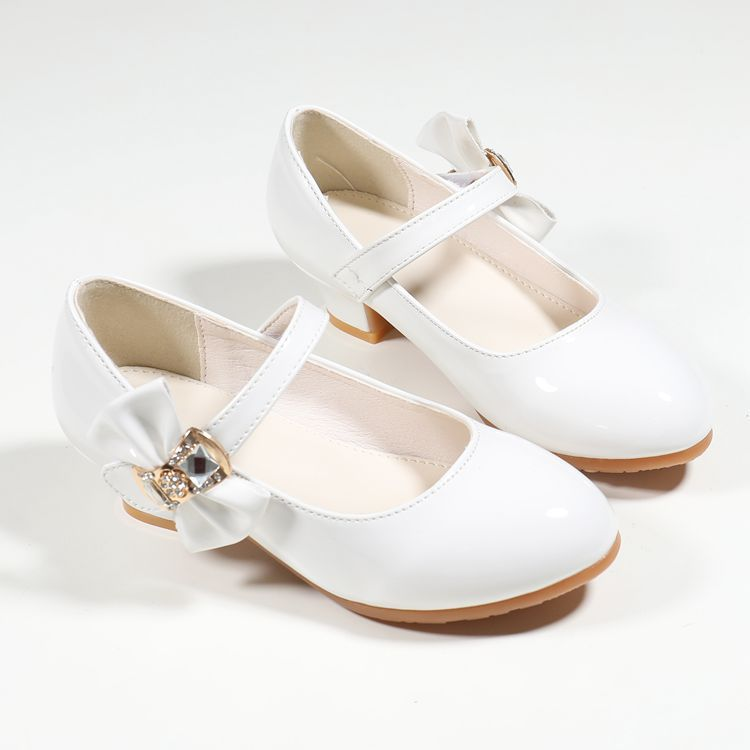 New girls' leather shoes with dresses Princess shoes rhinestone hook and loop bow high heels shoes are suitable for daily casual birthday school parties and banquets.