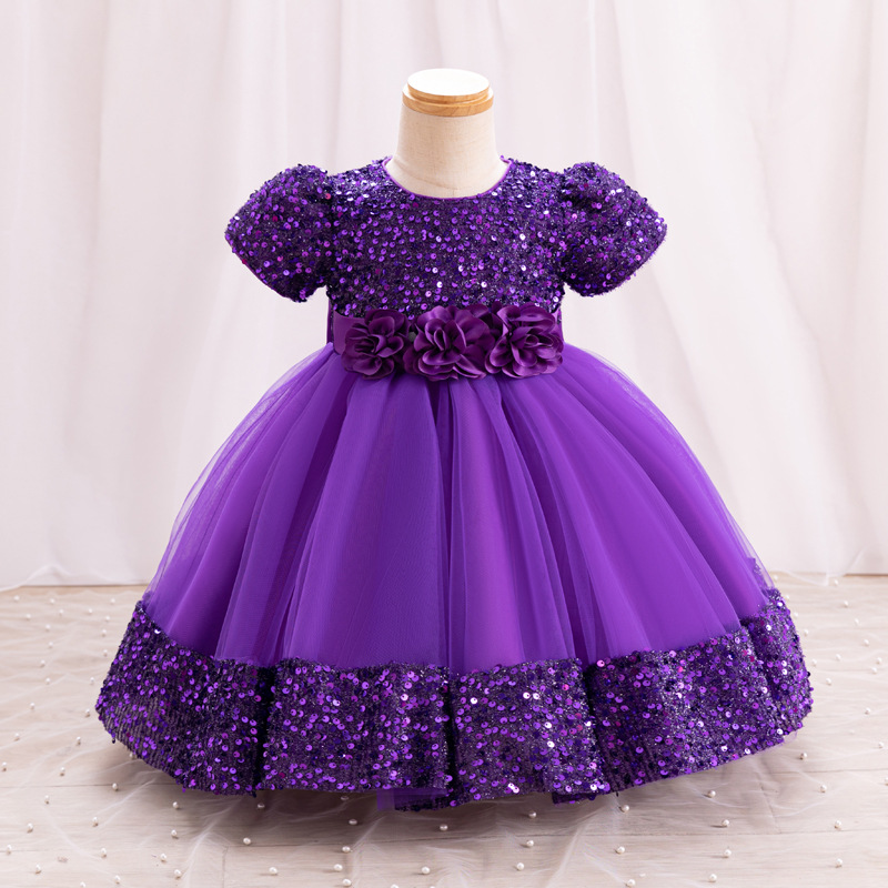 Summer new girls' dress with bubble sleeves and round neck flower bow sequined mesh fluffy princess dress long dress suitable for birthday school party, family party, dinner dress, costume.
