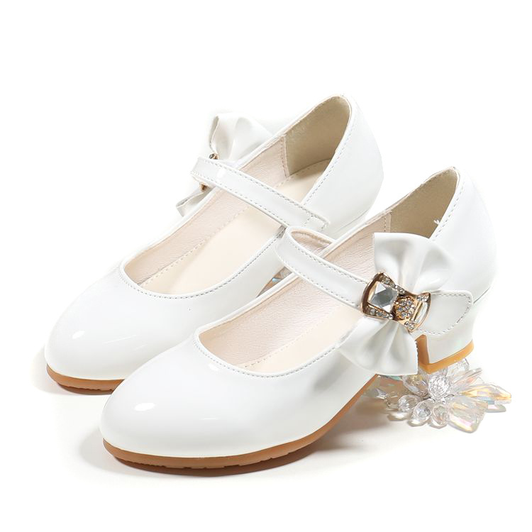 New girls' leather shoes with dresses Princess shoes rhinestone hook and loop bow high heels shoes are suitable for daily casual birthday school parties and banquets.