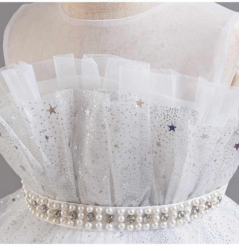 Summer new girl dress sleeveless round neck sequined gauze fluffy skirt princess skirt trailing dress is suitable for birthday school party family party dinner dress costume.