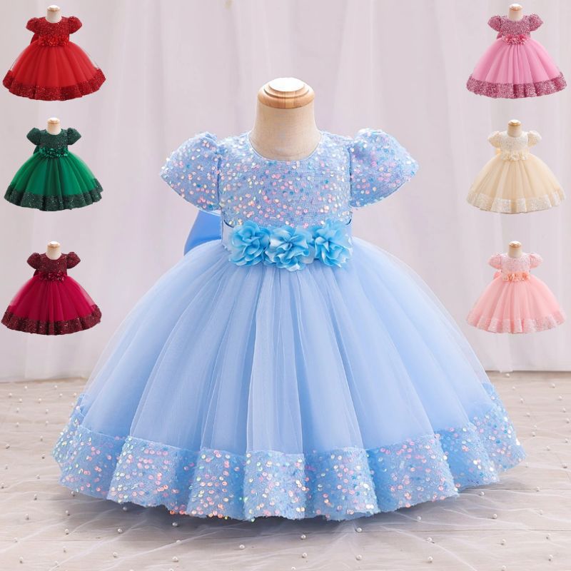 Summer new girls' dress with bubble sleeves and round neck flower bow sequined mesh fluffy princess dress long dress suitable for birthday school party, family party, dinner dress, costume.