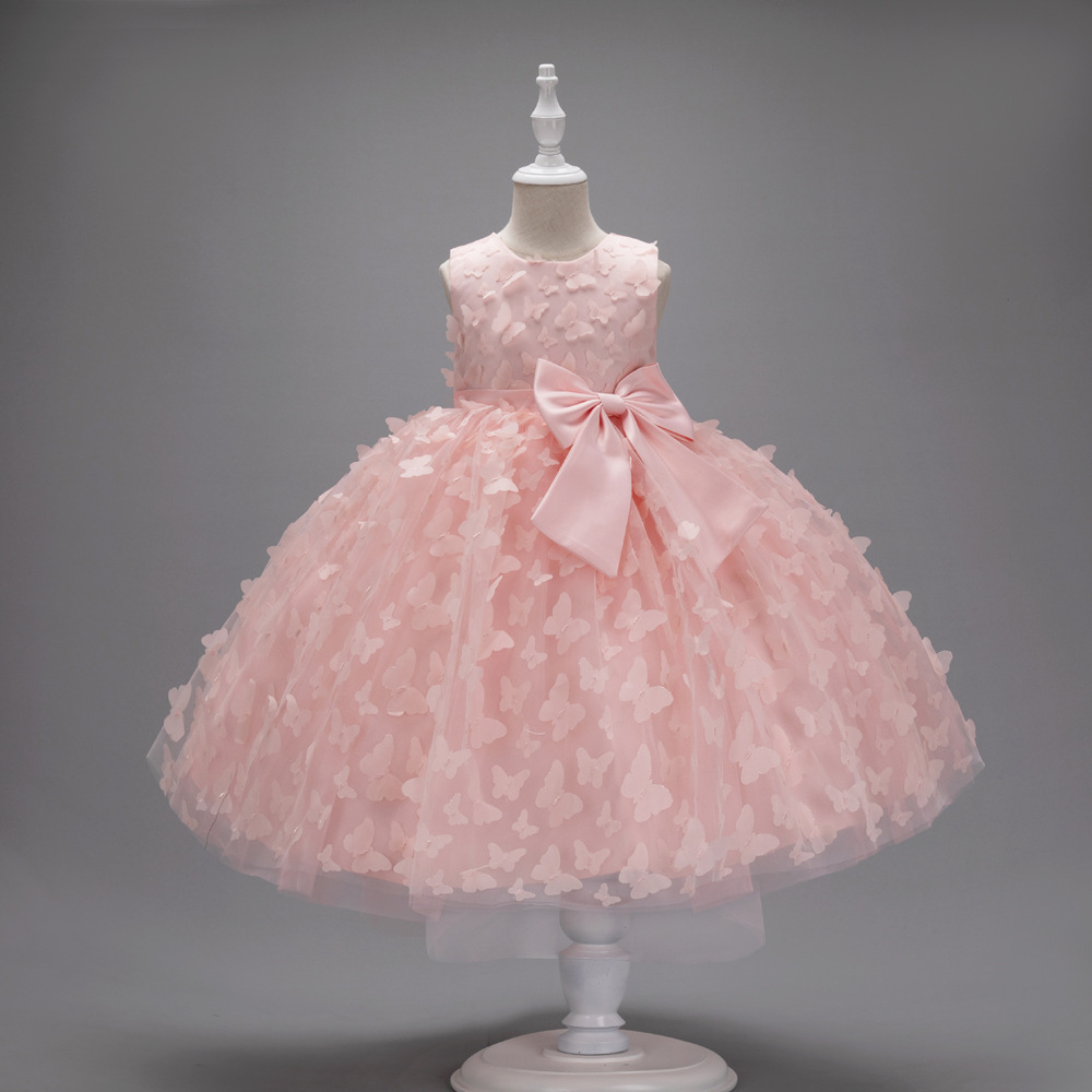 New girls' dresses in summer are solid color sleeveless round neck bow gauze fluffy princess dress suitable for birthday school party, family party, dinner dress and performance costume.