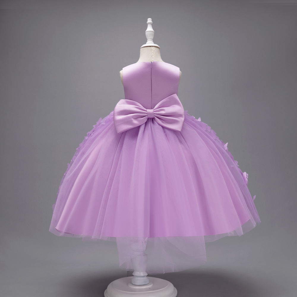 New girls' dresses in summer are solid color sleeveless round neck bow gauze fluffy princess dress suitable for birthday school party, family party, dinner dress and performance costume.
