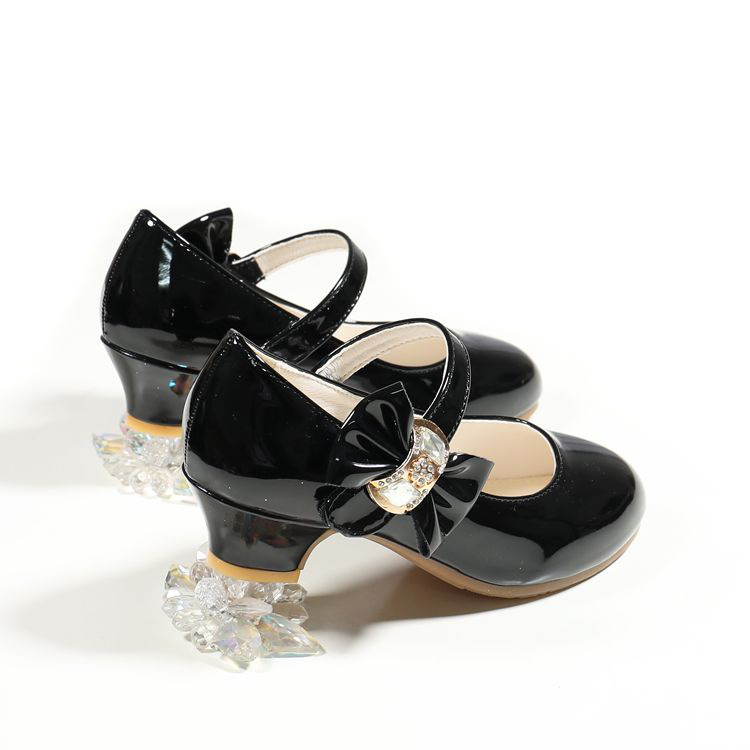 New girls' leather shoes with dresses Princess shoes rhinestone hook and loop bow high heels shoes are suitable for daily casual birthday school parties and banquets.