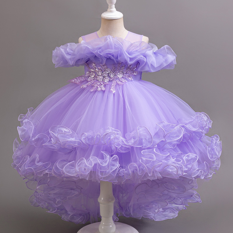 New girls' dresses sleeveless round neck, shoulder mesh fluffy skirt, princess skirt trailing dress is suitable for birthday party, school Christmas party, dinner dress, performance dress.