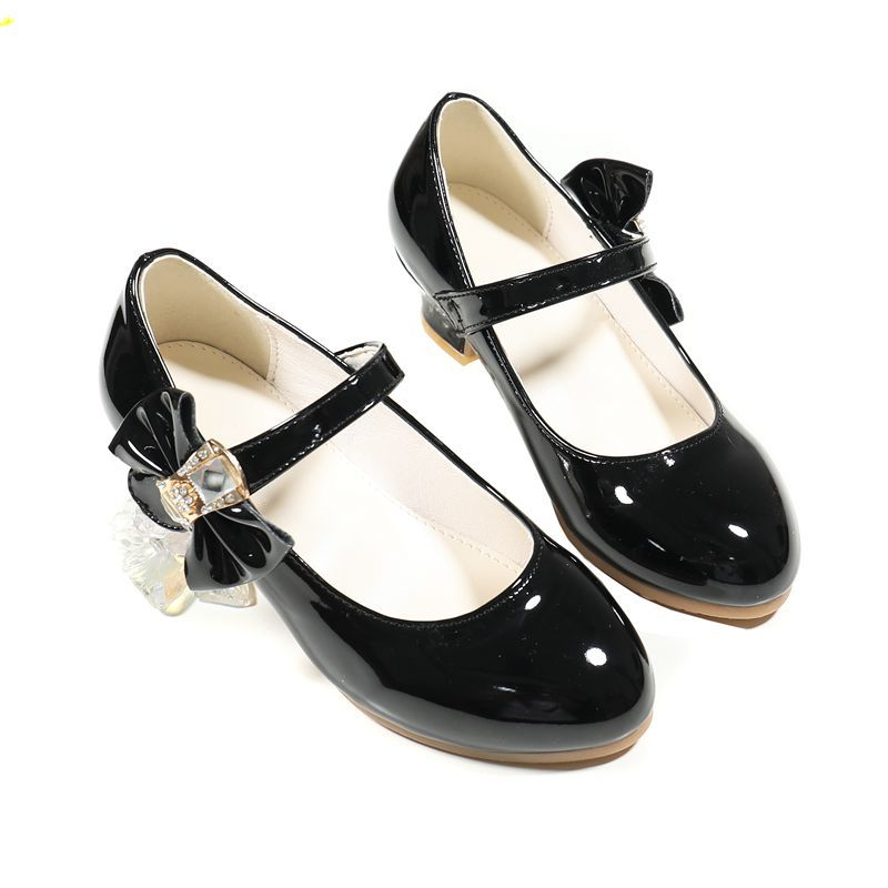 New girls' leather shoes with dresses Princess shoes rhinestone hook and loop bow high heels shoes are suitable for daily casual birthday school parties and banquets.