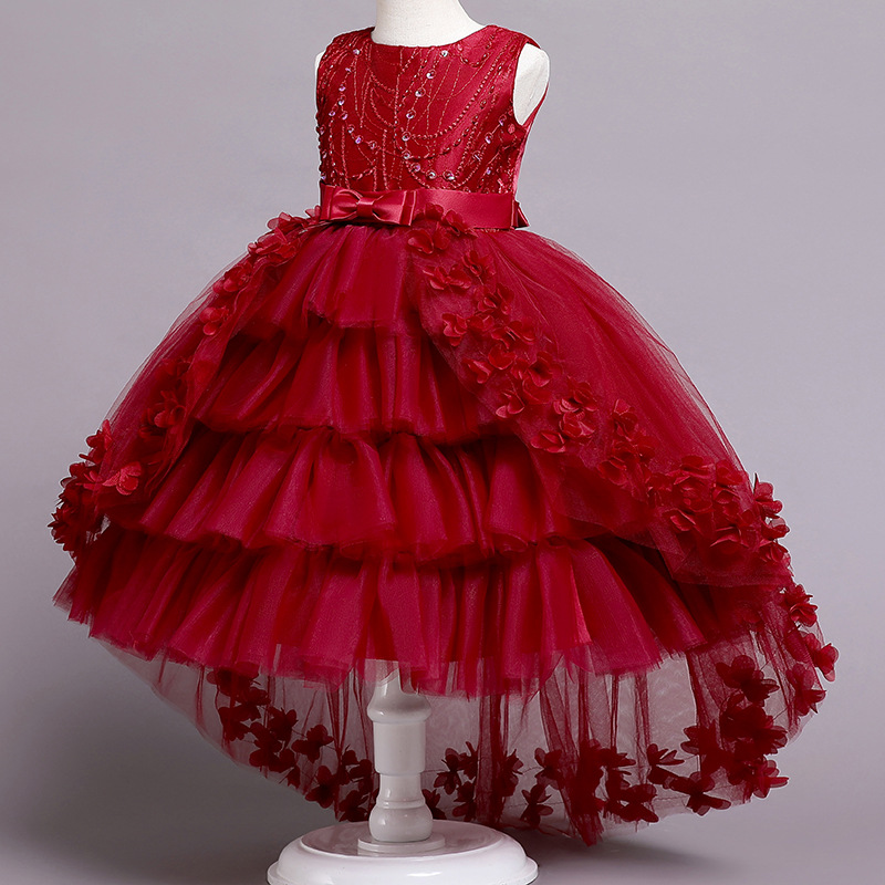 New girls' dresses in summer are sleeveless round neck beaded gauze fluffy princess skirts long dresses trailing dresses suitable for birthday school parties, family parties, dinner dresses and costum