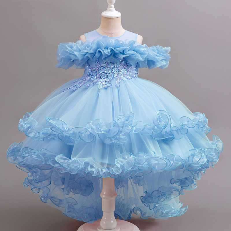 New girls' dresses sleeveless round neck, shoulder mesh fluffy skirt, princess skirt trailing dress is suitable for birthday party, school Christmas party, dinner dress, performance dress.
