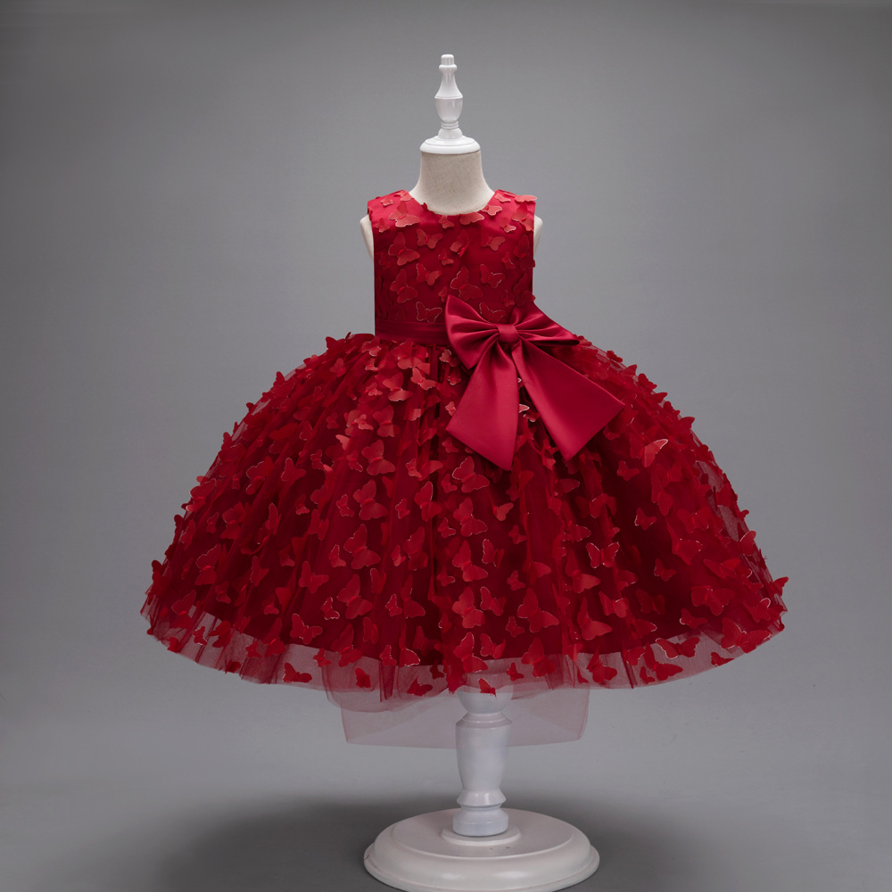New girls' dresses in summer are solid color sleeveless round neck bow gauze fluffy princess dress suitable for birthday school party, family party, dinner dress and performance costume.
