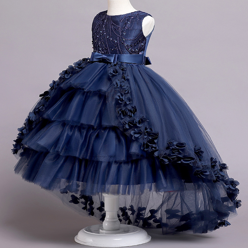 New girls' dresses in summer are sleeveless round neck beaded gauze fluffy princess skirts long dresses trailing dresses suitable for birthday school parties, family parties, dinner dresses and costum