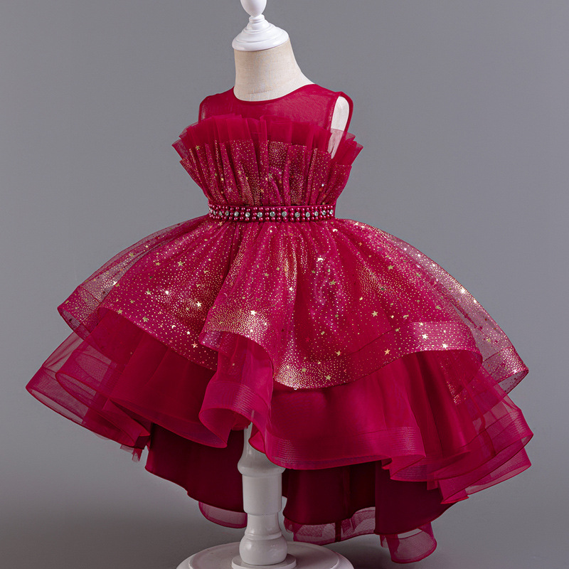 Summer new girl dress sleeveless round neck sequined gauze fluffy skirt princess skirt trailing dress is suitable for birthday school party family party dinner dress costume.