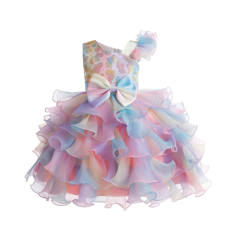 Summer new girl dress printed sleeveless round neck bow mesh fluffy princess dress is suitable for birthday school party, family party dinner dress performance clothes.