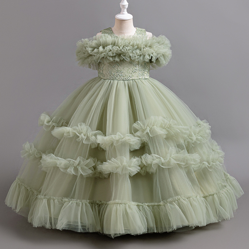 New girls' dresses in summer, round neck, shoulder mesh, fluffy skirt, princess skirt, long dress and evening dress, are suitable for birthday school party, dinner dress and performance clothes.