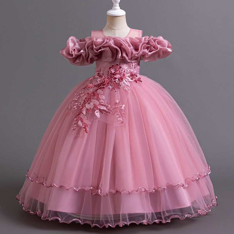 New high-end girls' dresses in summer, solid color round neck, one-shoulder mesh fluffy skirt and long princess skirt, are suitable for birthday school, family gathering and banquet dresses.