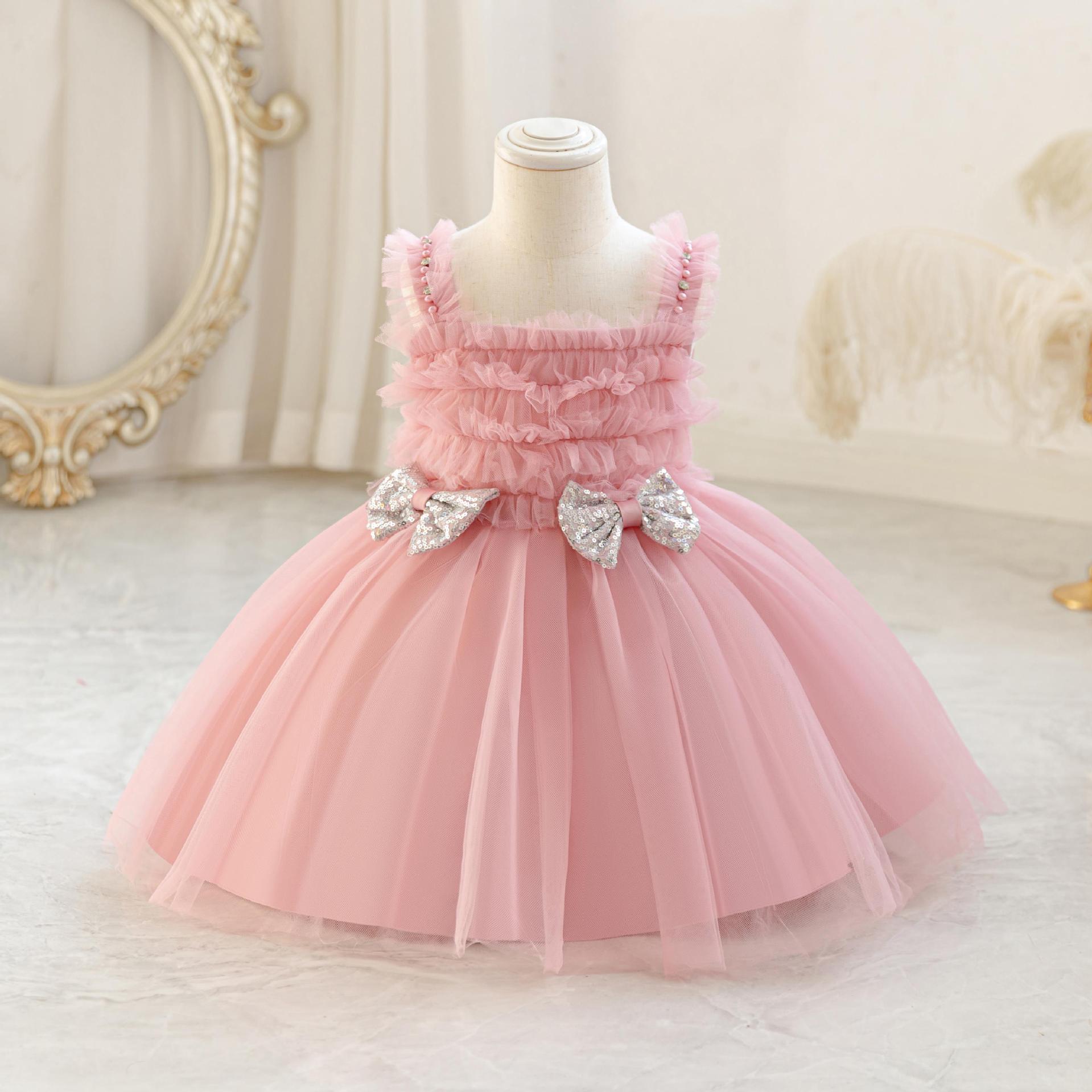 Summer new girl dress sleeveless square collar bow rhinestone mesh fluffy skirt Princess dress is suitable for birthday school party dinner dress costume.