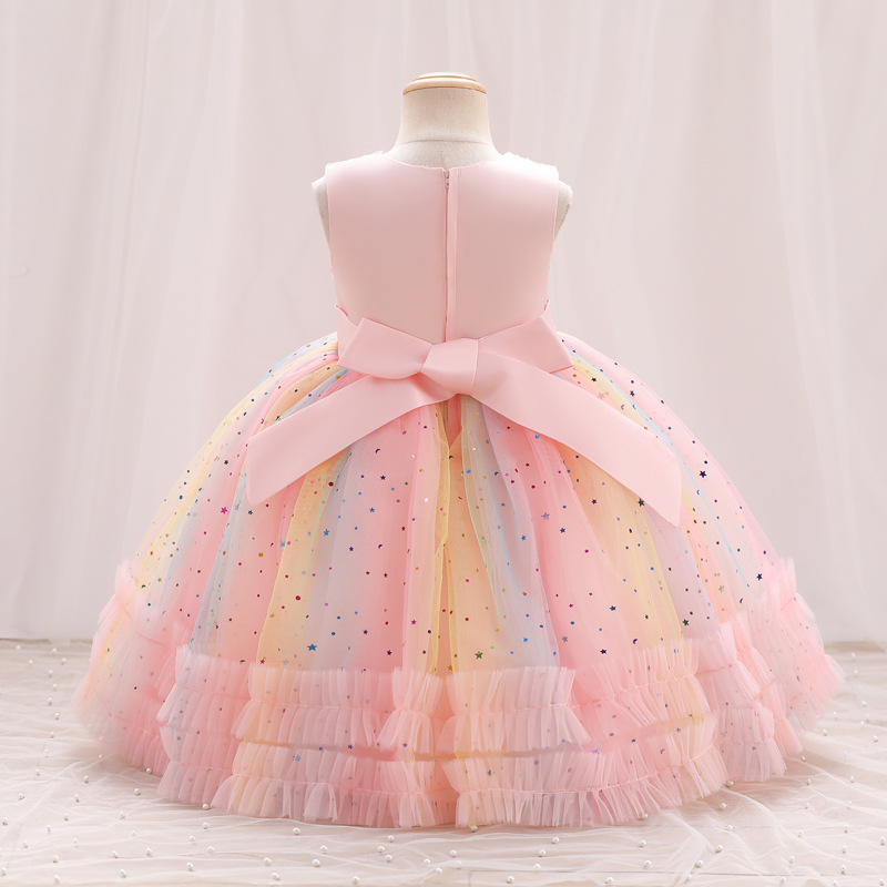 New girls' dresses in summer are printed with sleeveless round neck bow gauze fluffy princess dress suitable for birthday school party, family party, dinner party dress and costume.