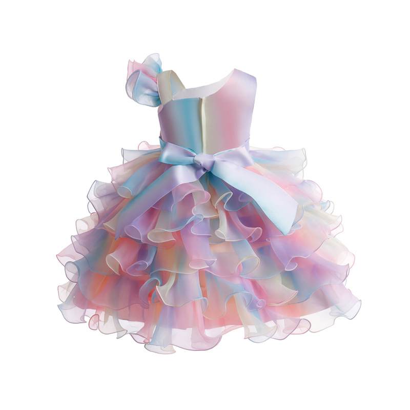 Summer new girl dress printed sleeveless round neck bow mesh fluffy princess dress is suitable for birthday school party, family party dinner dress performance clothes.