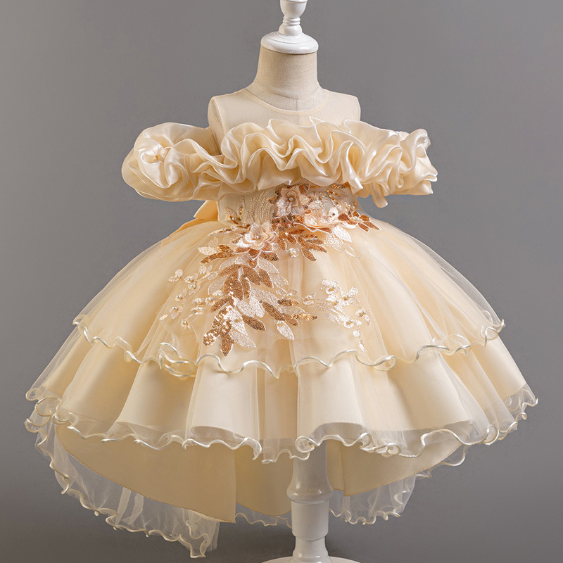 Summer new girl dress sleeveless round neck one-shoulder embroidered gauze fluffy skirt long trailing princess dress suitable for birthday school party family opportunity dinner dress costume.