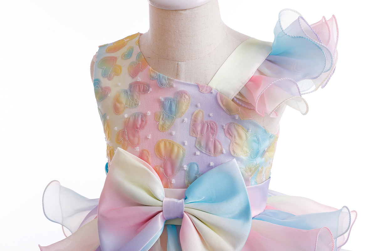 Summer new girl dress printed sleeveless round neck bow mesh fluffy princess dress is suitable for birthday school party, family party dinner dress performance clothes.