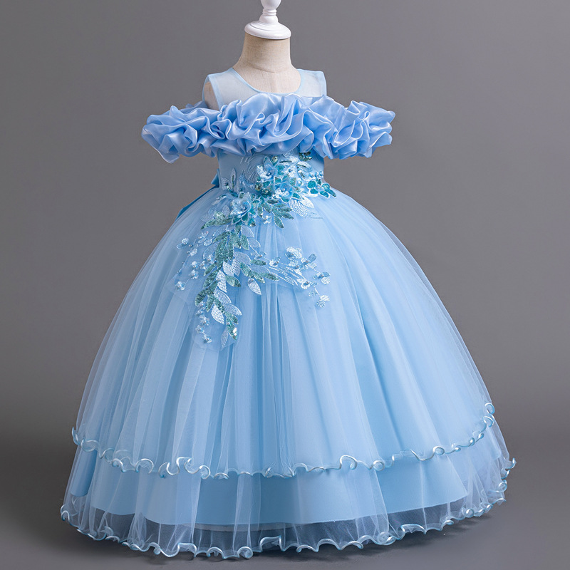 New high-end girls' dresses in summer, solid color round neck, one-shoulder mesh fluffy skirt and long princess skirt, are suitable for birthday school, family gathering and banquet dresses.
