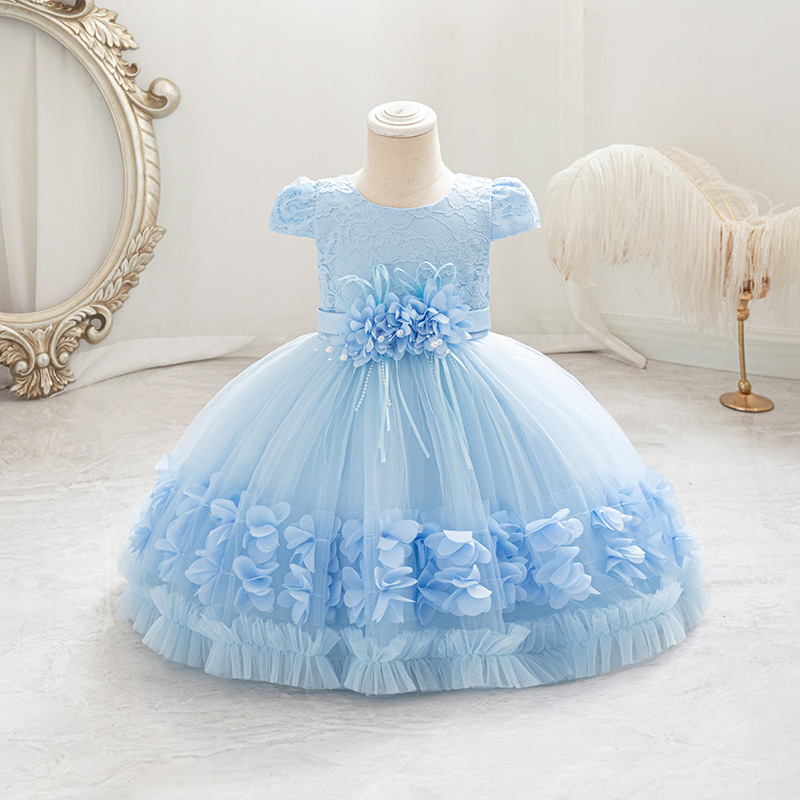 New girls' dresses in summer, short sleeves, round neck, flowers, beaded bows, gauze and fluffy skirts, princess dresses are suitable for birthday school party dinner dresses, costumes.
