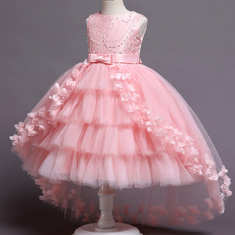 New girls' dresses in summer are sleeveless round neck beaded gauze fluffy princess skirts long dresses trailing dresses suitable for birthday school parties, family parties, dinner dresses and costum